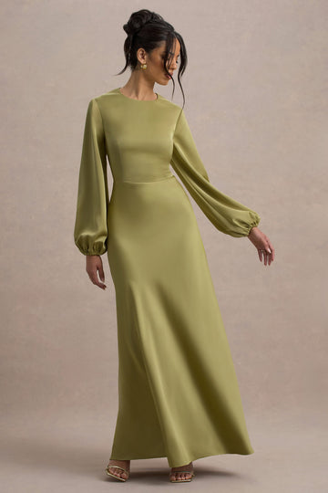 Crawley Light Green Satin Puff-Sleeve Maxi Dress
